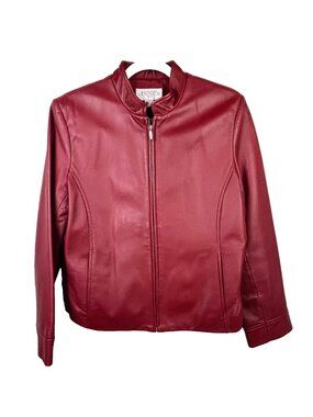 Casual Corner Annex Petite 90's Red Leather Jacket Zip Front Racing Lined M